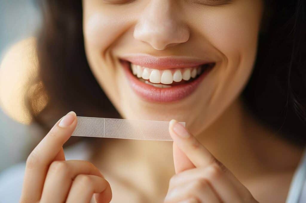 A woman holding a dental tape in front